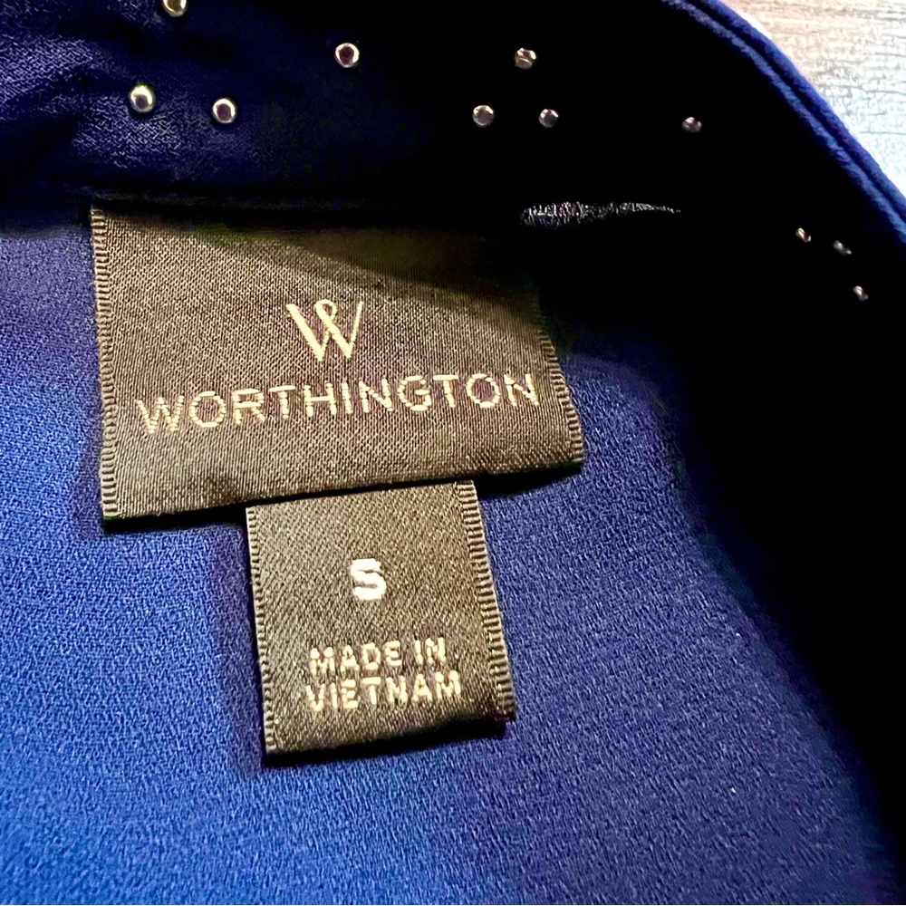 Worthington Embellished Beaded Blouse Sz S Navy Blue Mock Neck Bishop Sleeves - Picture 12 of 14